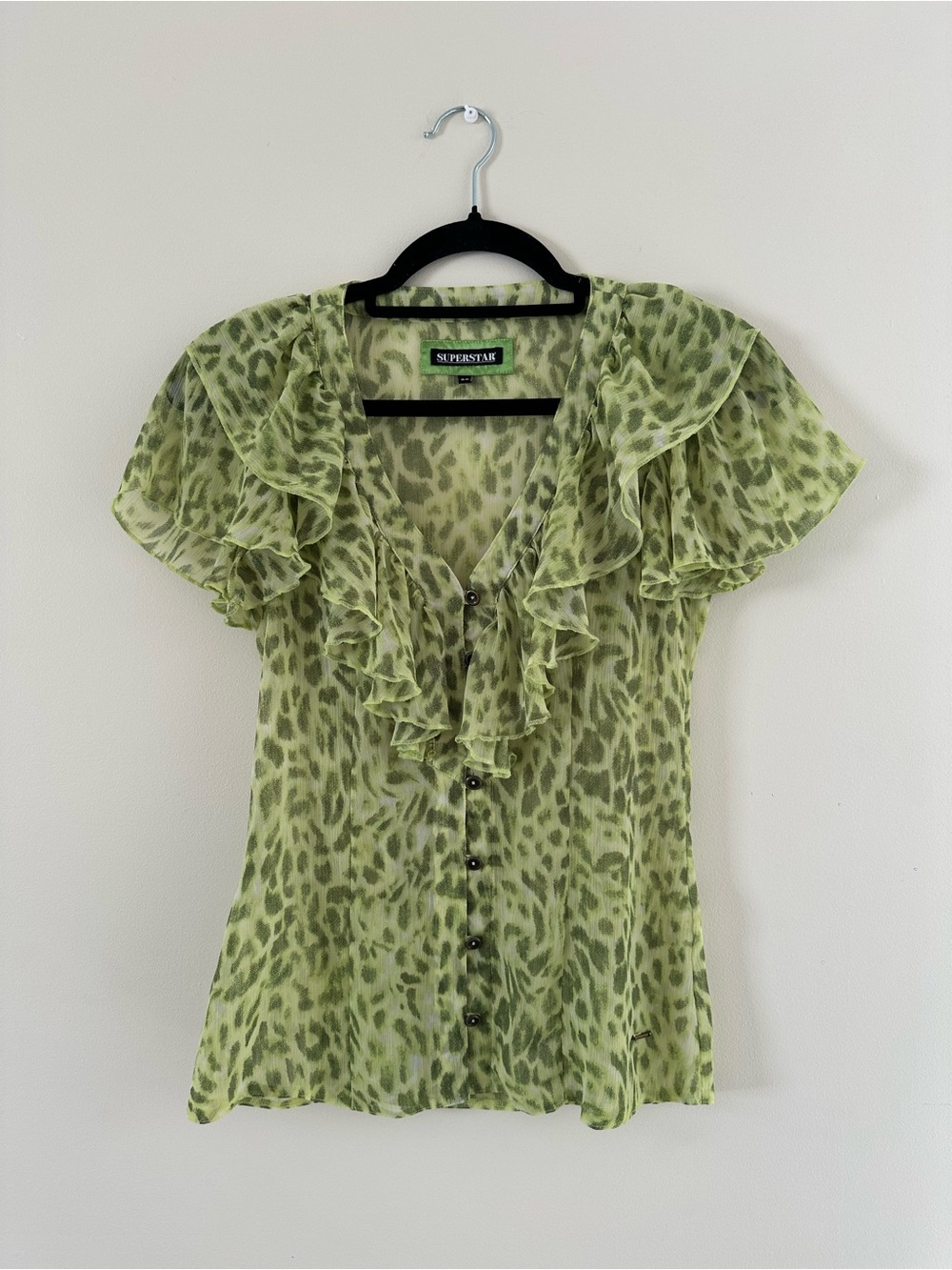 Green Leopard-Print Ruffle Button Blouse